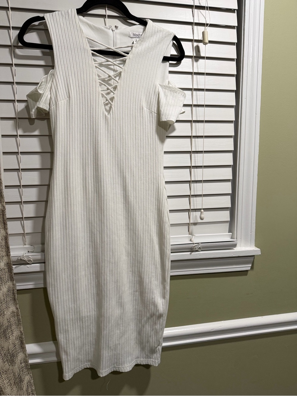 White Ribbed Cold-Shoulder Lace-Up Dress